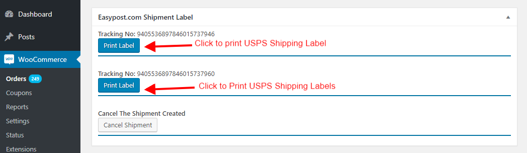 usps shipping label through easypost