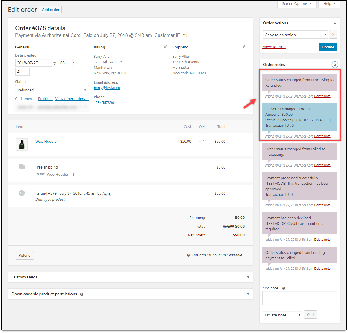 WooCommerce Refunds | Order Notes updated for Automatic Refund