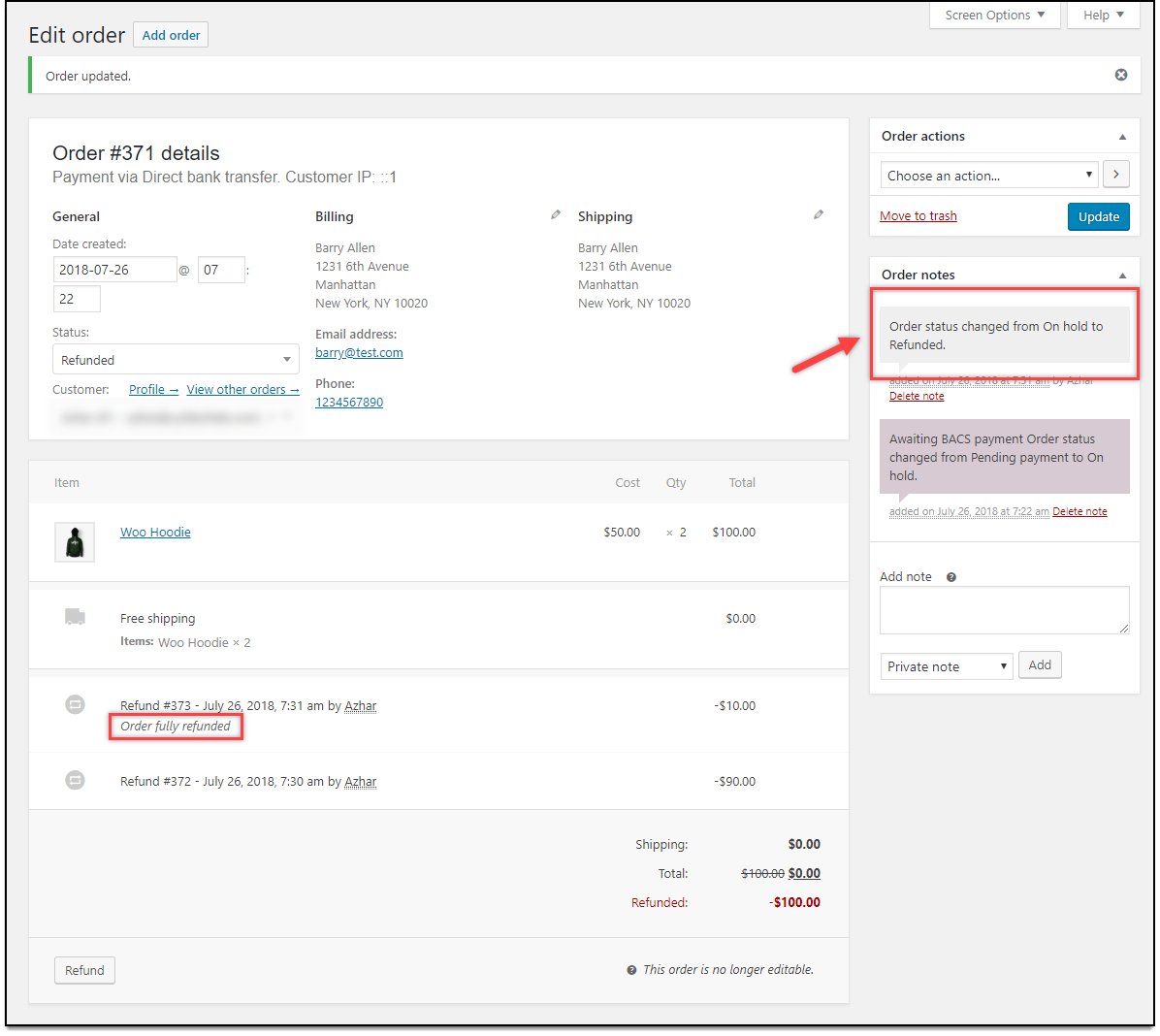 WooCommerce Refunds | Order Notes updated for Manual Refund