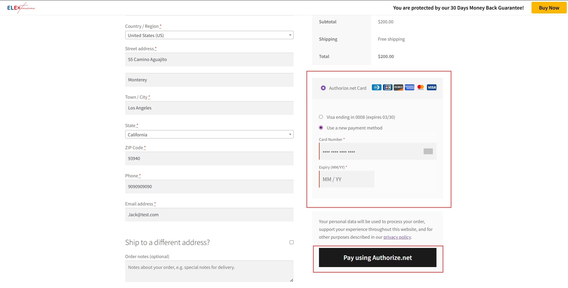 WooCommerce Refunds | Authorize.Net Payment Gateway on Checkout page automatic WooCommerce Refunds Checkout Page
