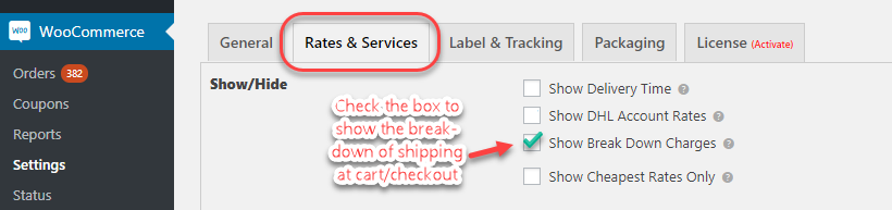 Enabling Break Down of shipping charges to appear on the cart and check out pages.. Enable this option in the Rates & Services tab in DHL Express