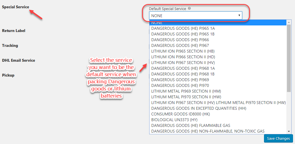 Select a special service here. Selecting a default service to represent the products in case they are restricted or other dangerous goods. This remains the default service for all products.
