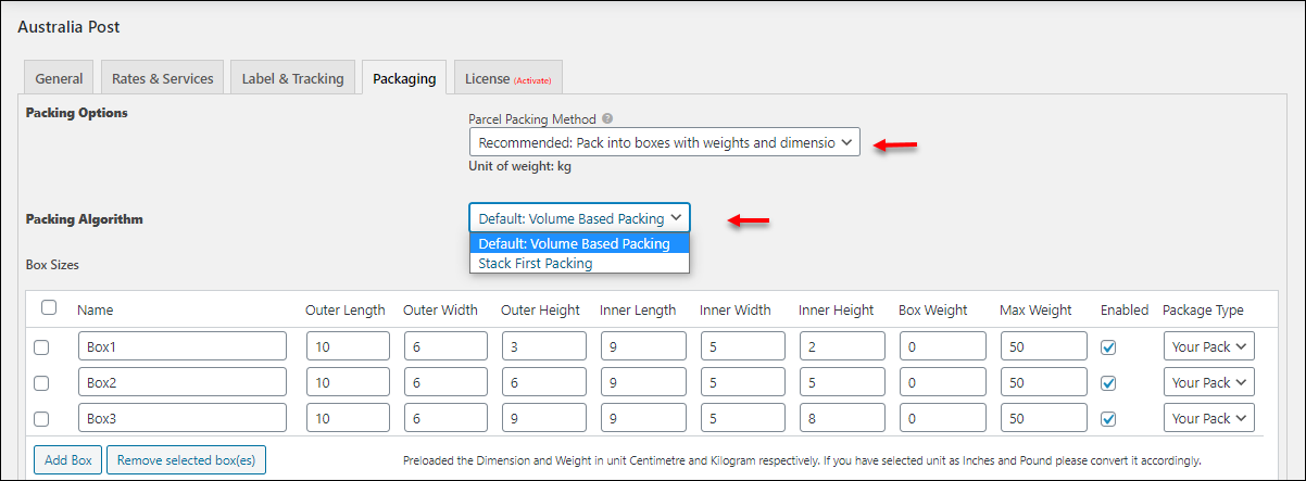 ELEX WooCommerce Australia Post Shipping Plugin with Print Label & Tracking | Box Size Table
