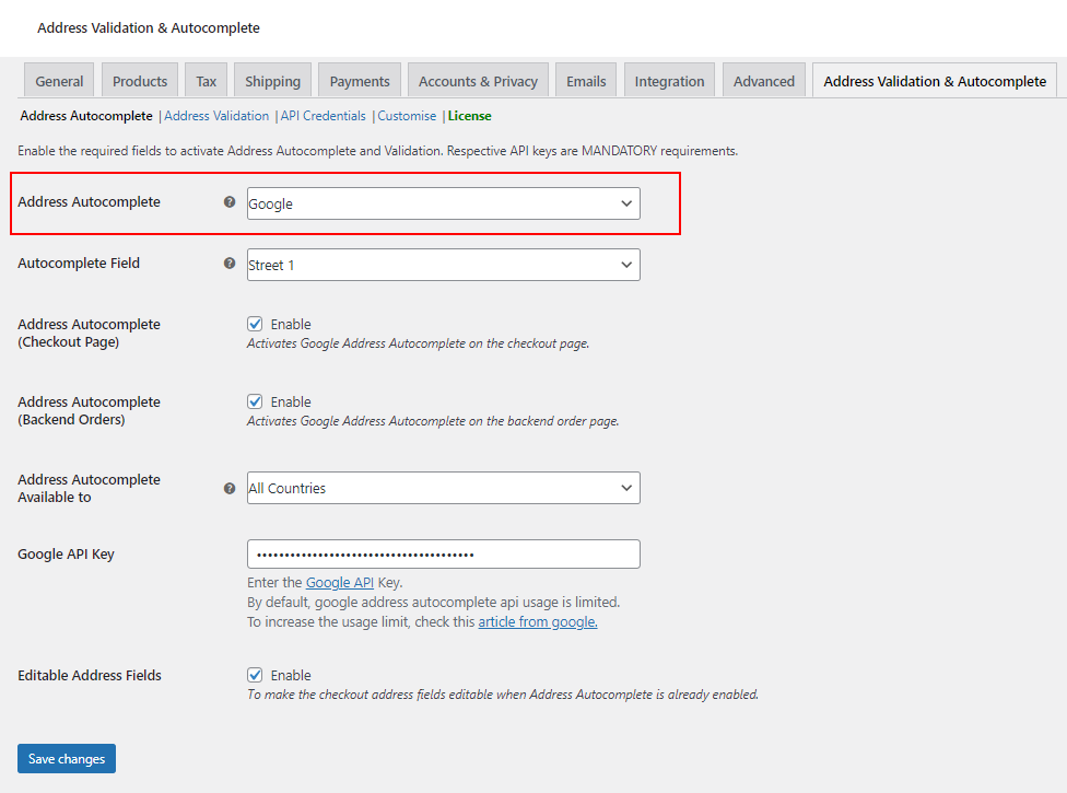 ELEX Address Validation & Google Address Autocomplete Plugin for WooCommerce | Choosing Google Address Autocomplete Option