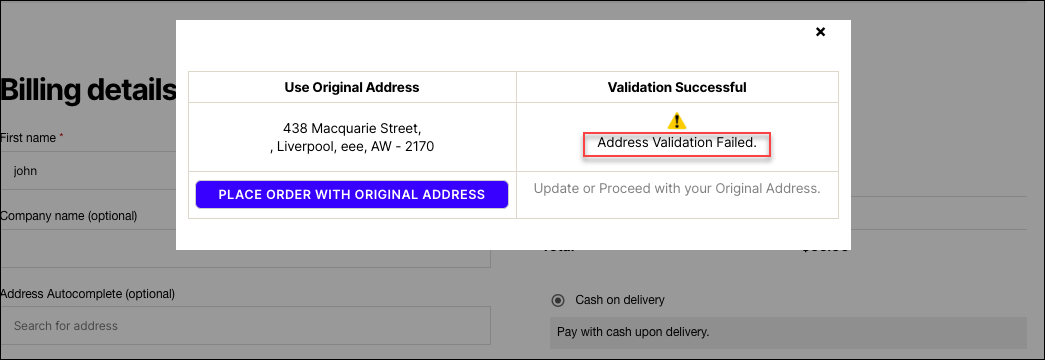 How to set up ELEX Address Validation & Google Address Autocomplete Plugin for WooCommerce? | Custom Address Validation Failed Message on the pop-up window