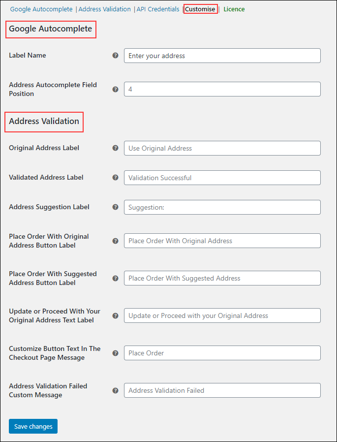 ELEX Address Validation & Google Address Autocomplete Plugin for WooCommerce | Customise settings