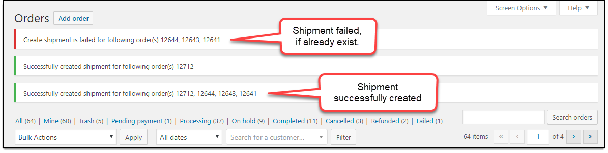 WooCommerce DHL Express | Shipment creation status