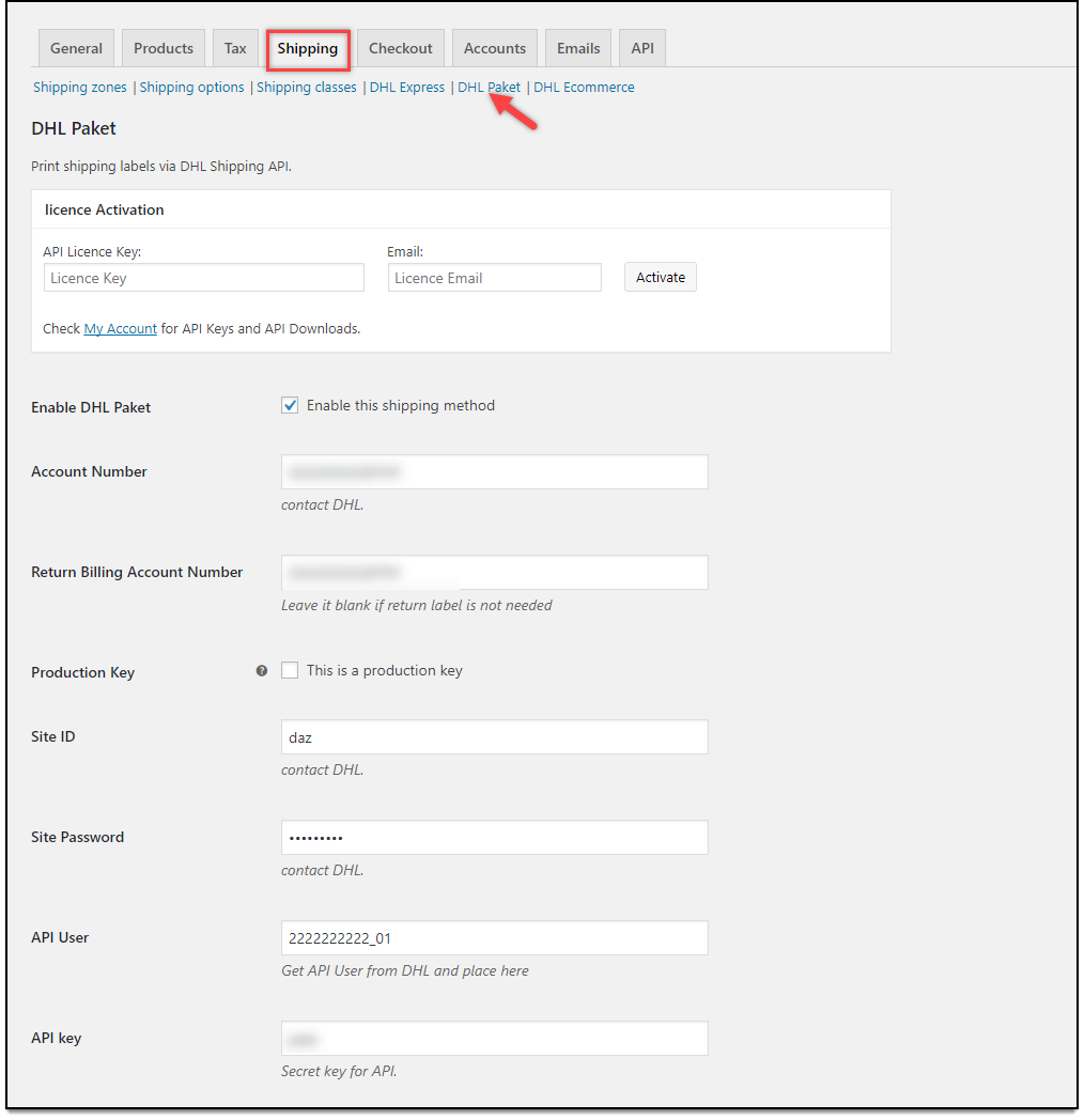 WooCommerce DHL Paket | API and Account settings