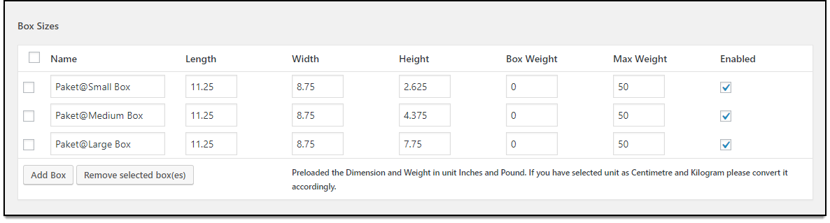 WooCommerce DHL Paket | Box Sizes
