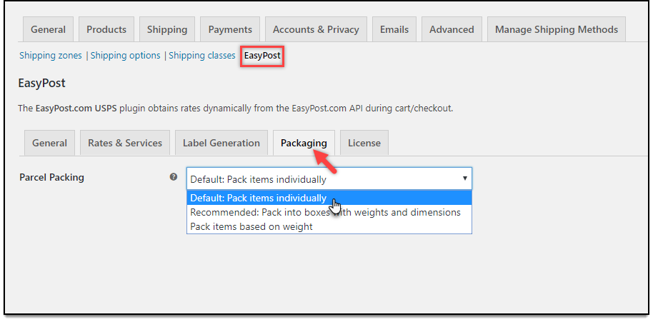 WooCommerce EasyPost Shipping | Parcel Packaging settings