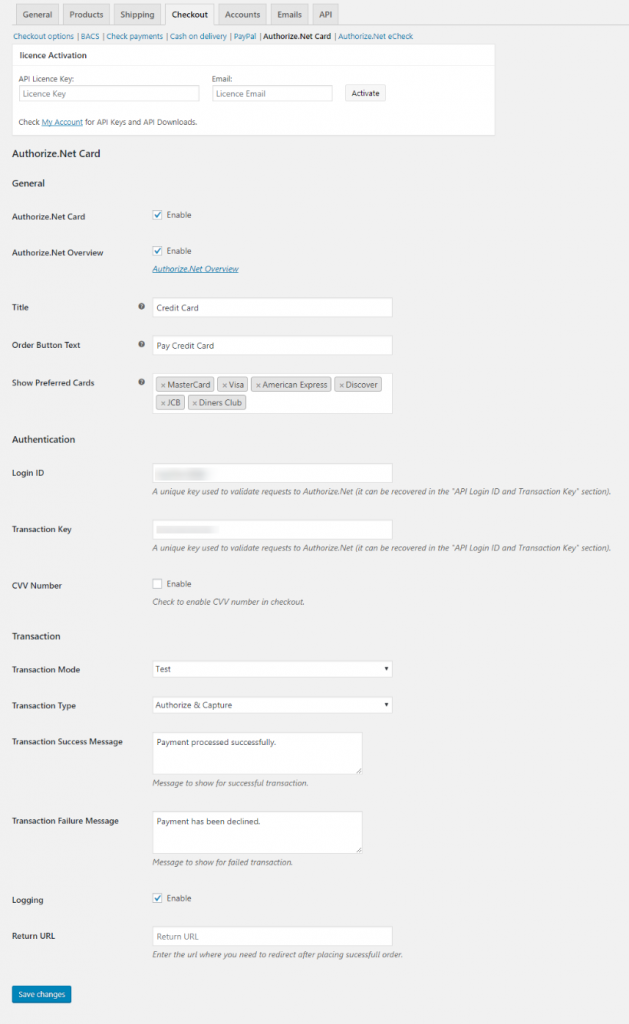 Authorize.Net Settings Page