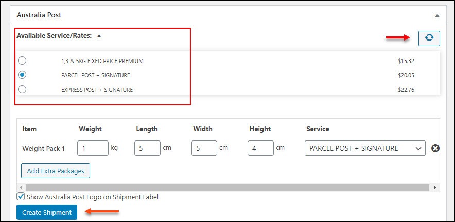 Before creating the shipment of individual orders, you can also choose the preferred service from your side by changing the service chosen by the customer. Check the screenshot: You can click on the refresh button, and choose a preferred service from the list before creating the shipment.