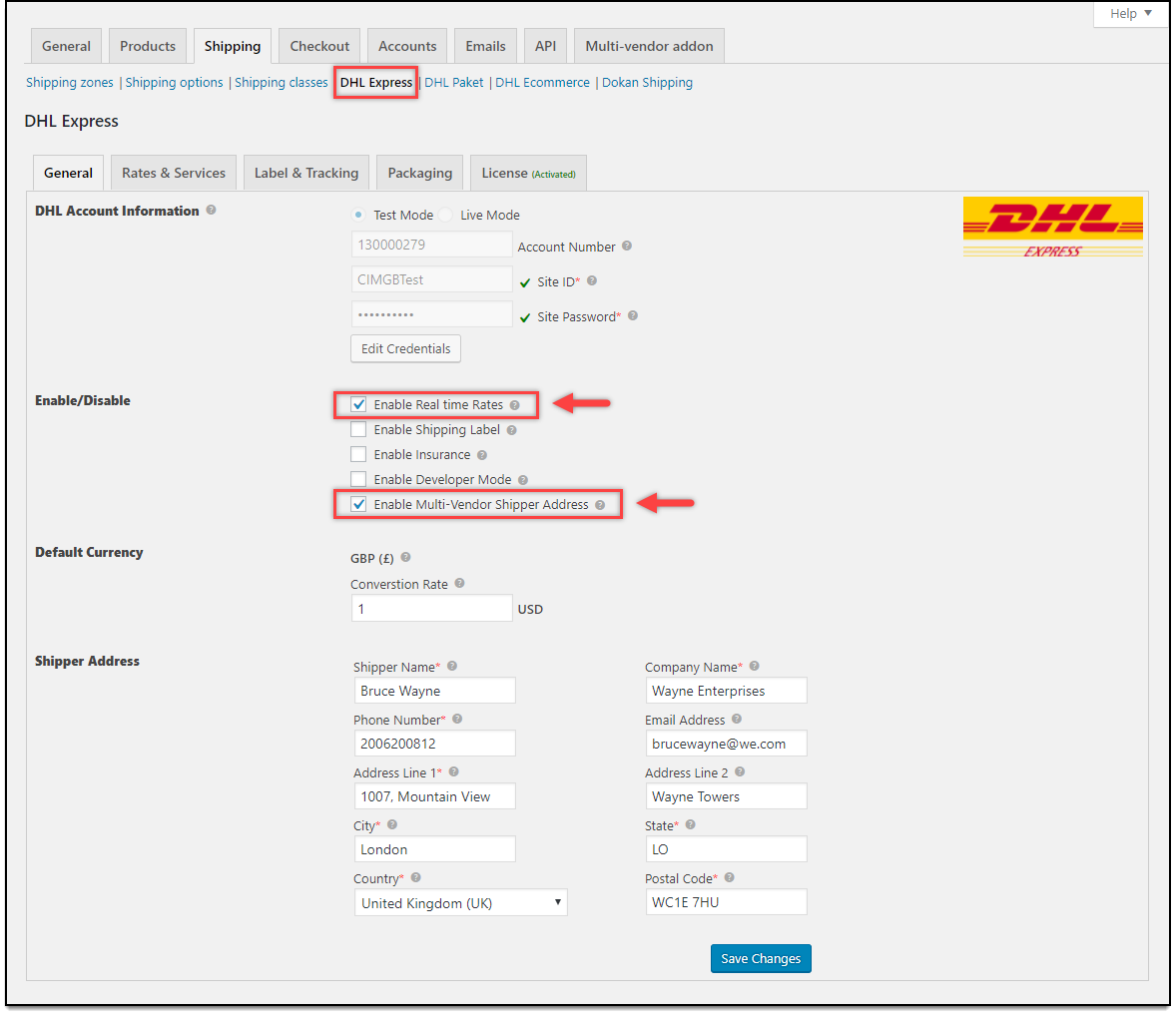 WooCommerce Multi-Vendor Add-On | DHL Express settings