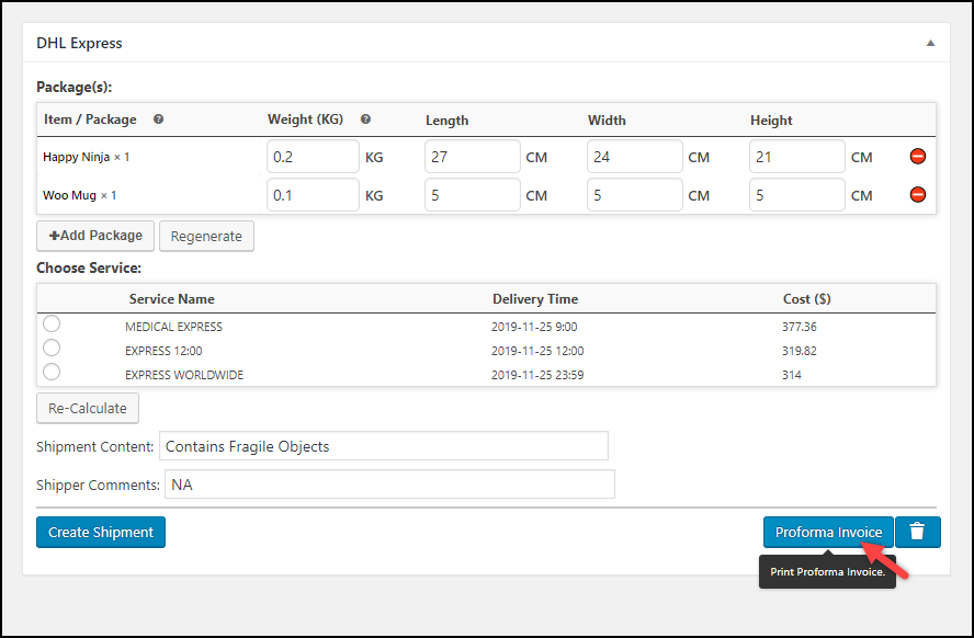 generate WooCommerce PDF invoices for DHL