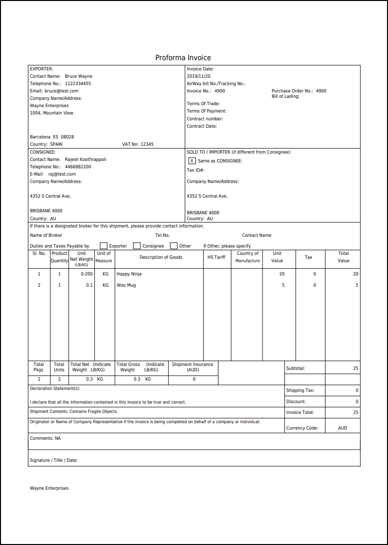 WooCommerce DHL Express | Sample Proforma Invoice for DHL Express