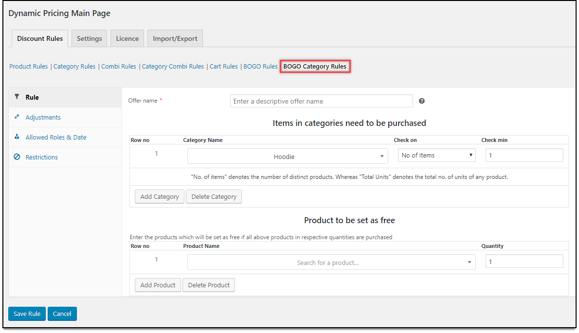 WooCommerce Dynamic Pricing & Discounts | Buy One Get One Category Rule settings