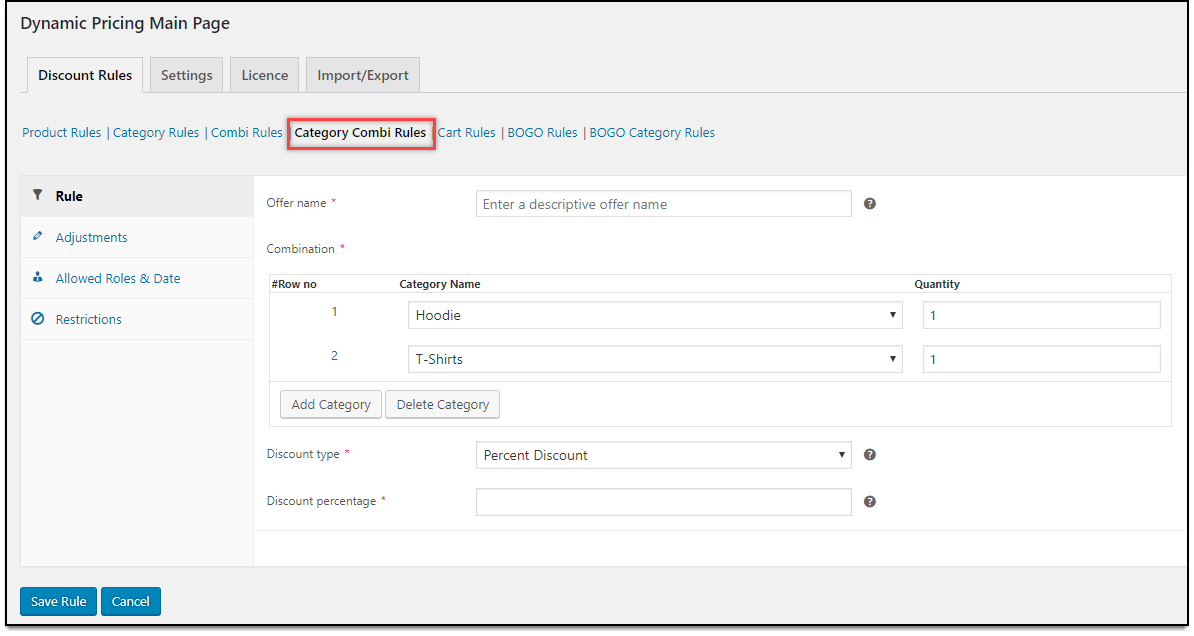 WooCommerce Dynamic Pricing & Discounts | Combinational Category Rule settings