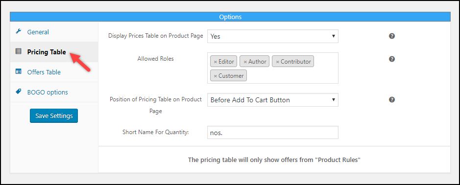 WooCommerce Dynamic Pricing & Discounts | Pricing Table settings
