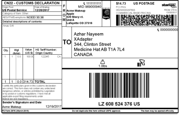 WooCommerce Stamps.com-USPS | Stamps.com International Shipping Label