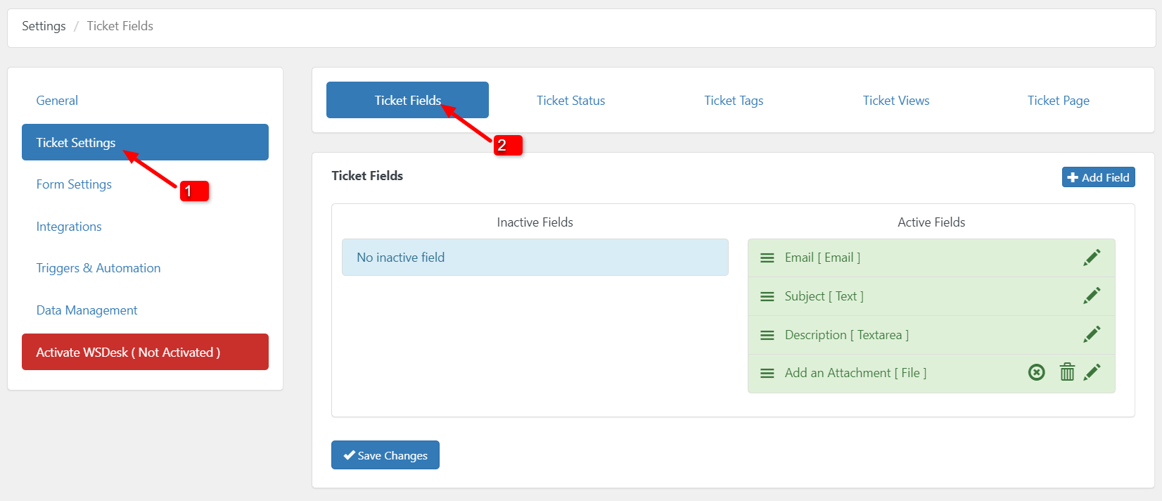  WordPress Helpdesk Plugin - WSDesk | Ticket Fields settings