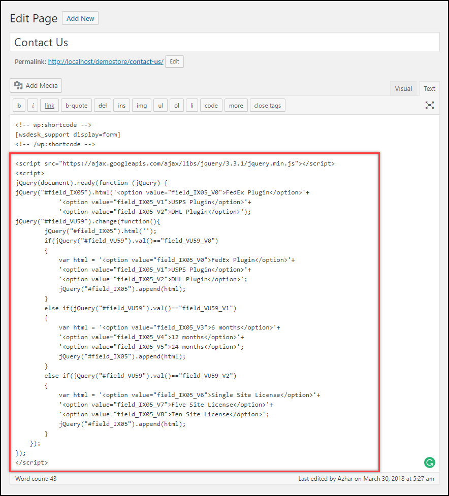 WSDesk | Code snippet added to Contact page
