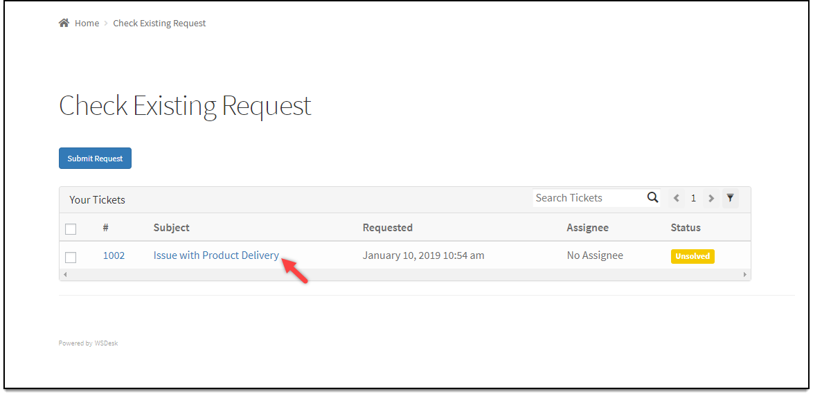 WSDesk Quick Setup Wizard | Sample Existing Tickets Page