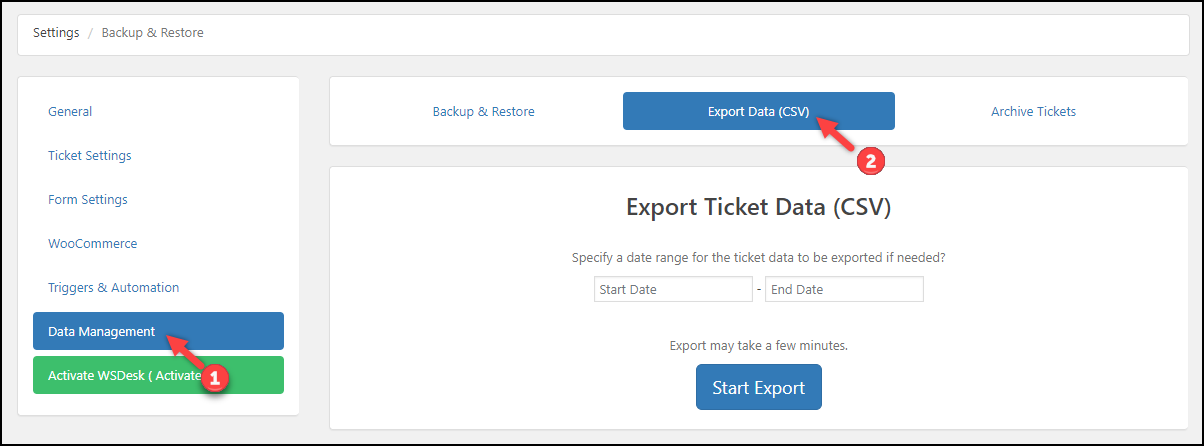  WordPress Helpdesk Plugin - WSDesk | Export Data to CSV settings