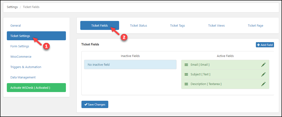  WordPress Helpdesk Plugin - WSDesk | Ticket Fields settings