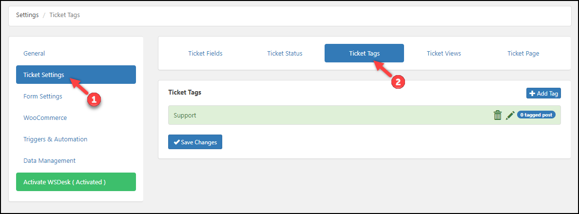  WordPress Helpdesk Plugin - WSDesk | Ticket Status settings