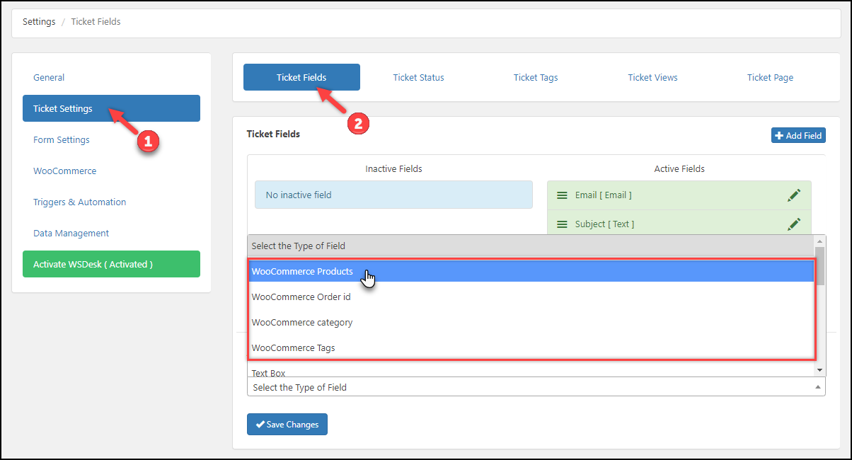 WordPress Helpdesk Plugin - WSDesk | Choosing a WooCommerce-specific Ticket Field