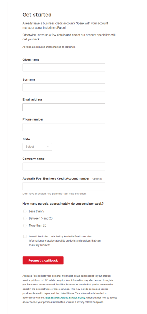 AusPost || Request a callback for eParcel