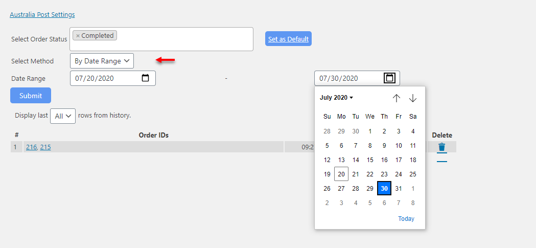 ELEX WooCommerce Australia Post Bulk Label Printing Add-On | Bulk label printing using Date Range