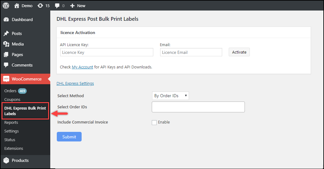 WooCommerce DHL Express Bulk Label Printing Add-On | Add-On settings