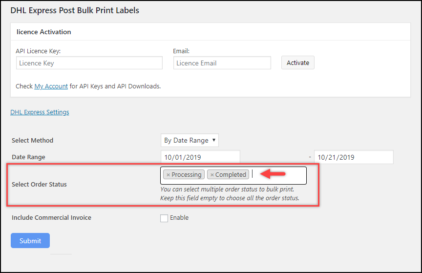 WooCommerce DHL Express Bulk Label Printing Add-On | Using Order Date Range