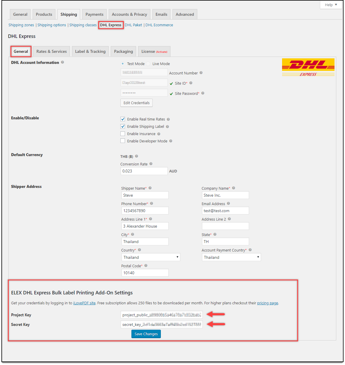 WooCommerce DHL Express Bulk Label Printing Add-On | Project and Secret Key in the plugin