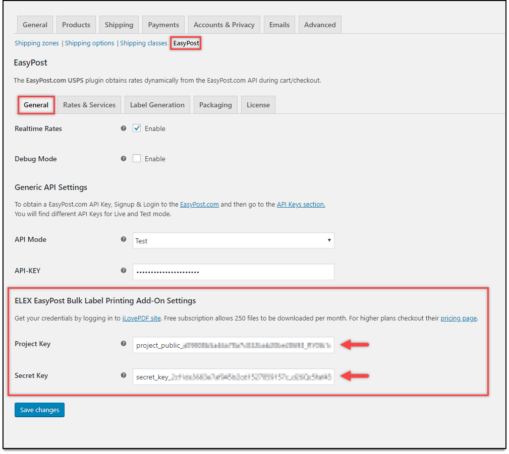 ELEX WooCommerce EasyPost Bulk Label Printing Add-On | Project and Secret Key in the Plugin