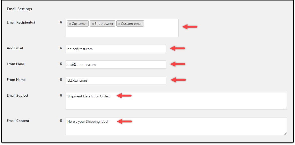 ELEX EasyPost Auto-Generate & Email Labels Add-On | Email settings