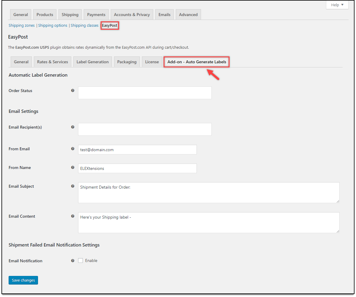 ELEX EasyPost Auto-Generate & Email Labels Add-On | Add-On settings