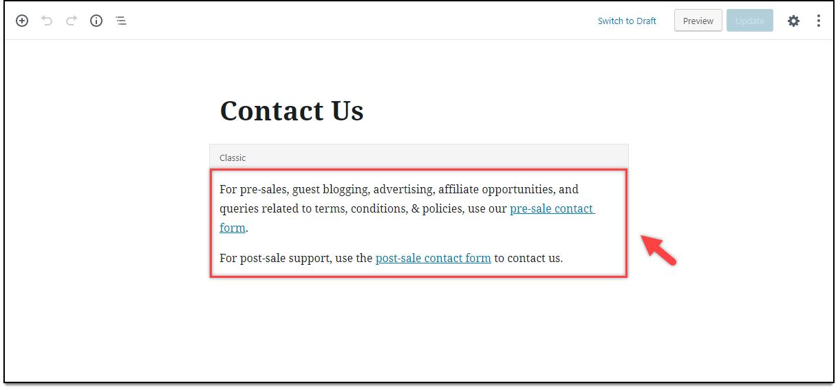 Creating Multiple Support Forms | Content for Contact Us page