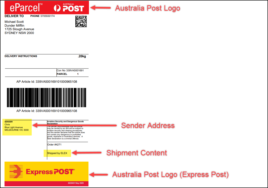 Customize Australia Post Shipping Labels | Sample Australia Post eParcel Shipping Label