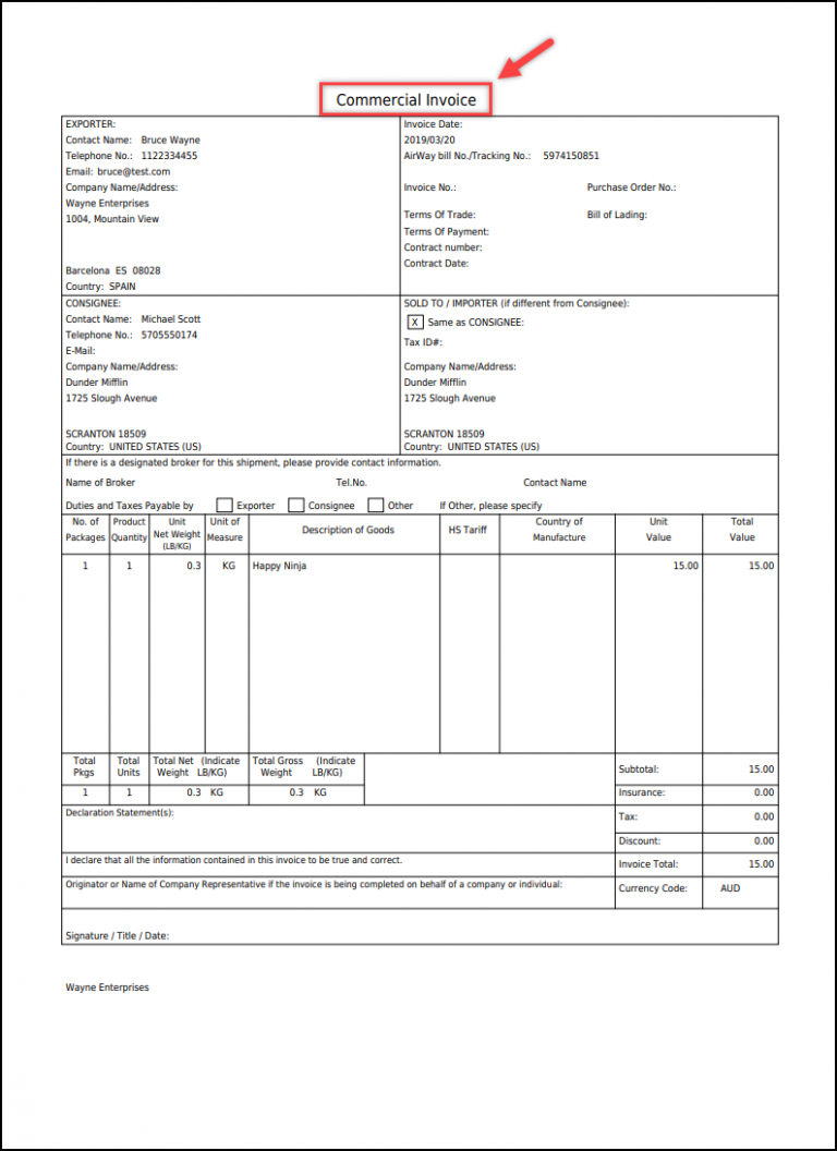 commercial invoice template united states