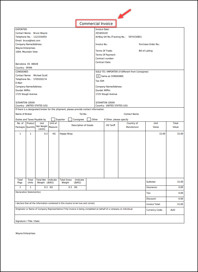 Alter DHL Express Commercial Invoice Title | Sample Commercial Invoice