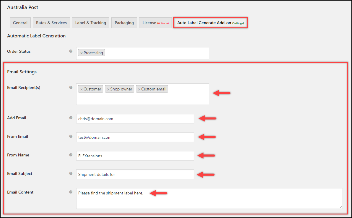 ELEX Australia Post Auto-generate & Email Labels | Add-On settings
