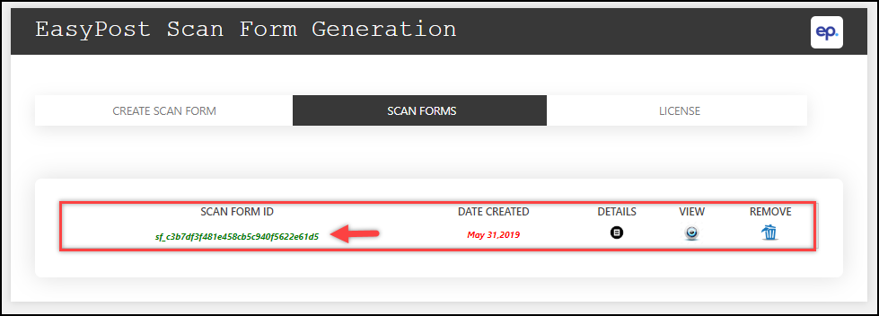 generate EasyPost SCAN Forms | SCAN Form generated