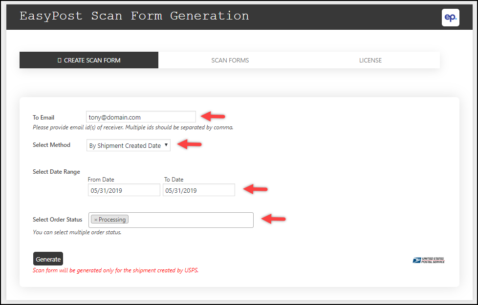 ELEX WooCommerce EasyPost Generate SCAN Form Add-On | Sample settings
