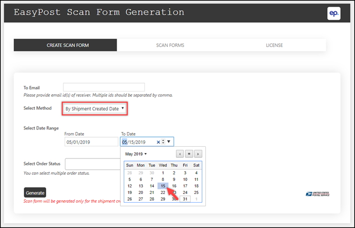Generate SCAN Forms by Shipment creation date