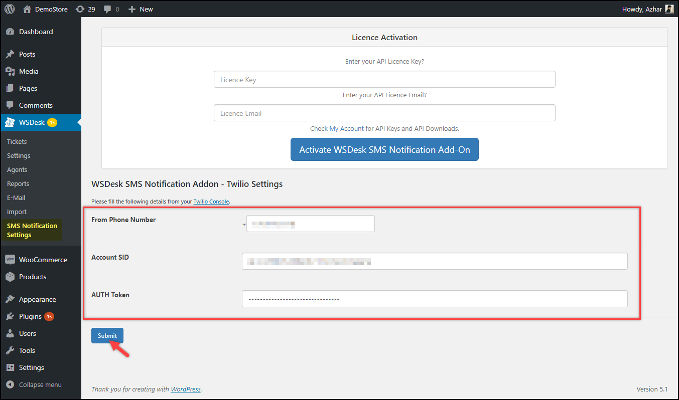 WSDesk SMS Notification Add-On | Twilio Credentials in Add-On settings