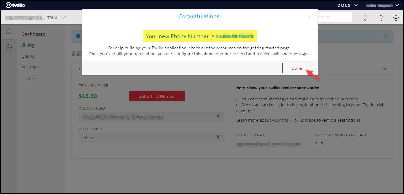WSDesk SMS Notification Add-On | Twilio Trial Phone Number
