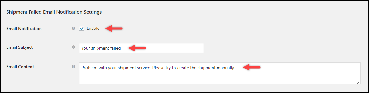 WooCommerce DHL Express Auto-generate and Email Labels Add-On | Shipment Failed Settings