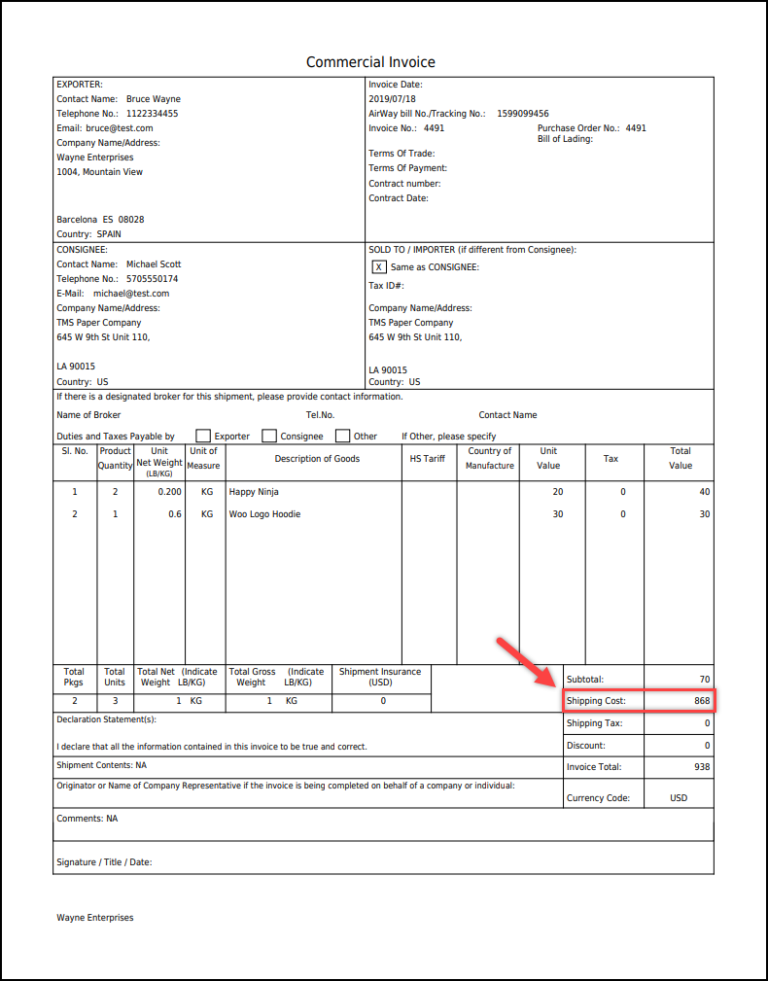 DHL commercial invoice printable template